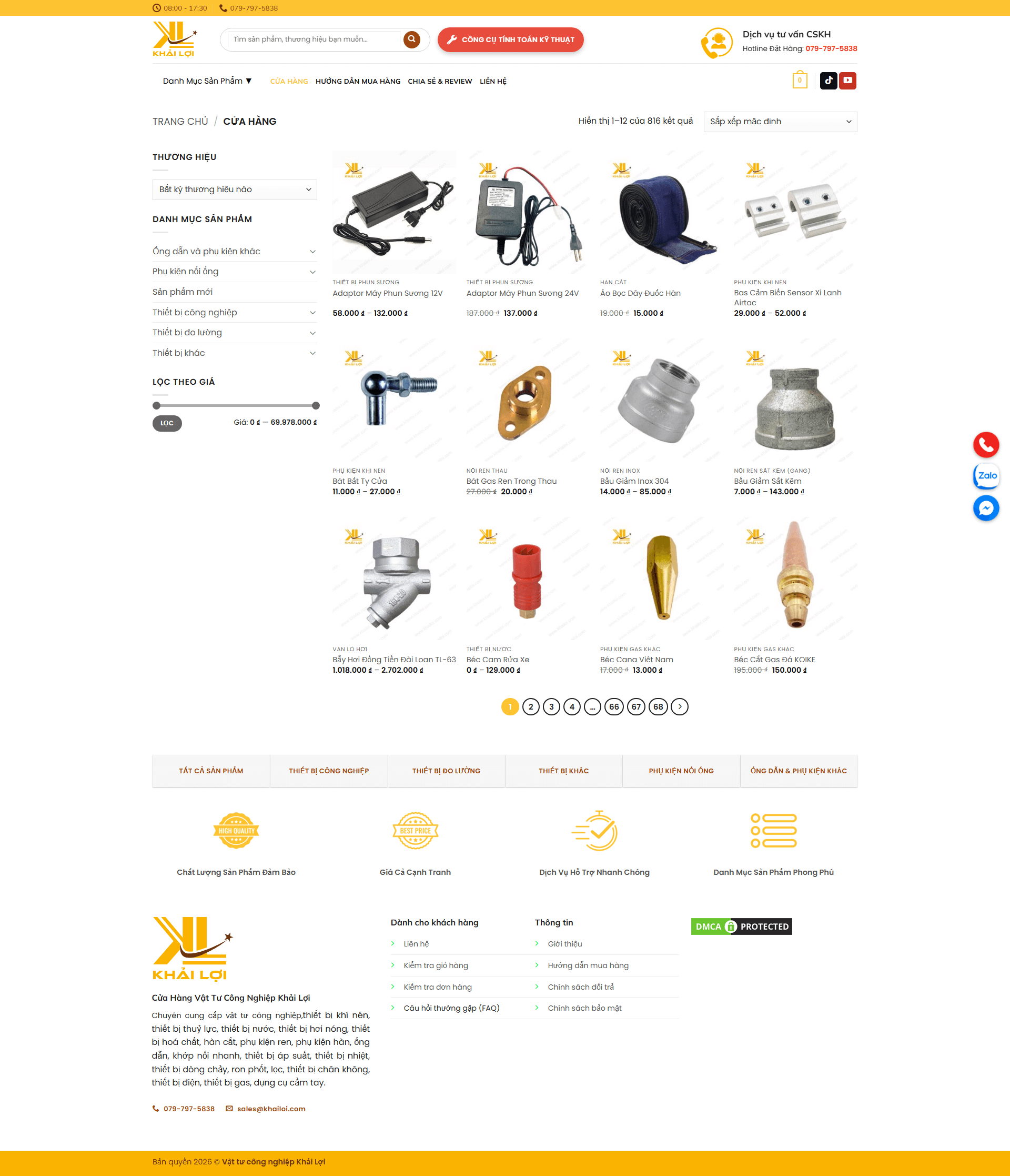 Giao diện dánh sách sản phẩm cửa hàng Khải Lợi