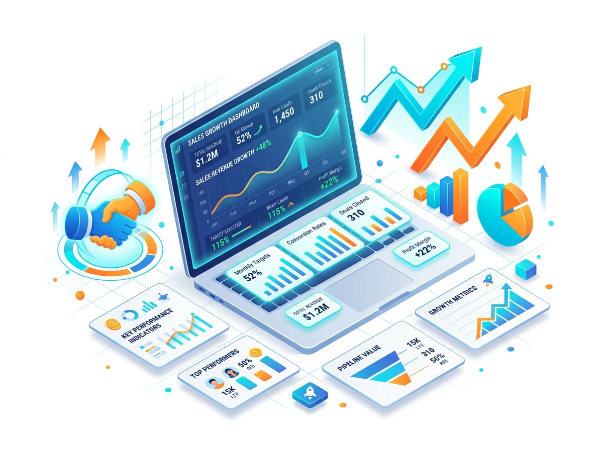 Giao diện website doanh nghiệp tích hợp AI hiển thị biểu đồ phân tích doanh thu tăng trưởng