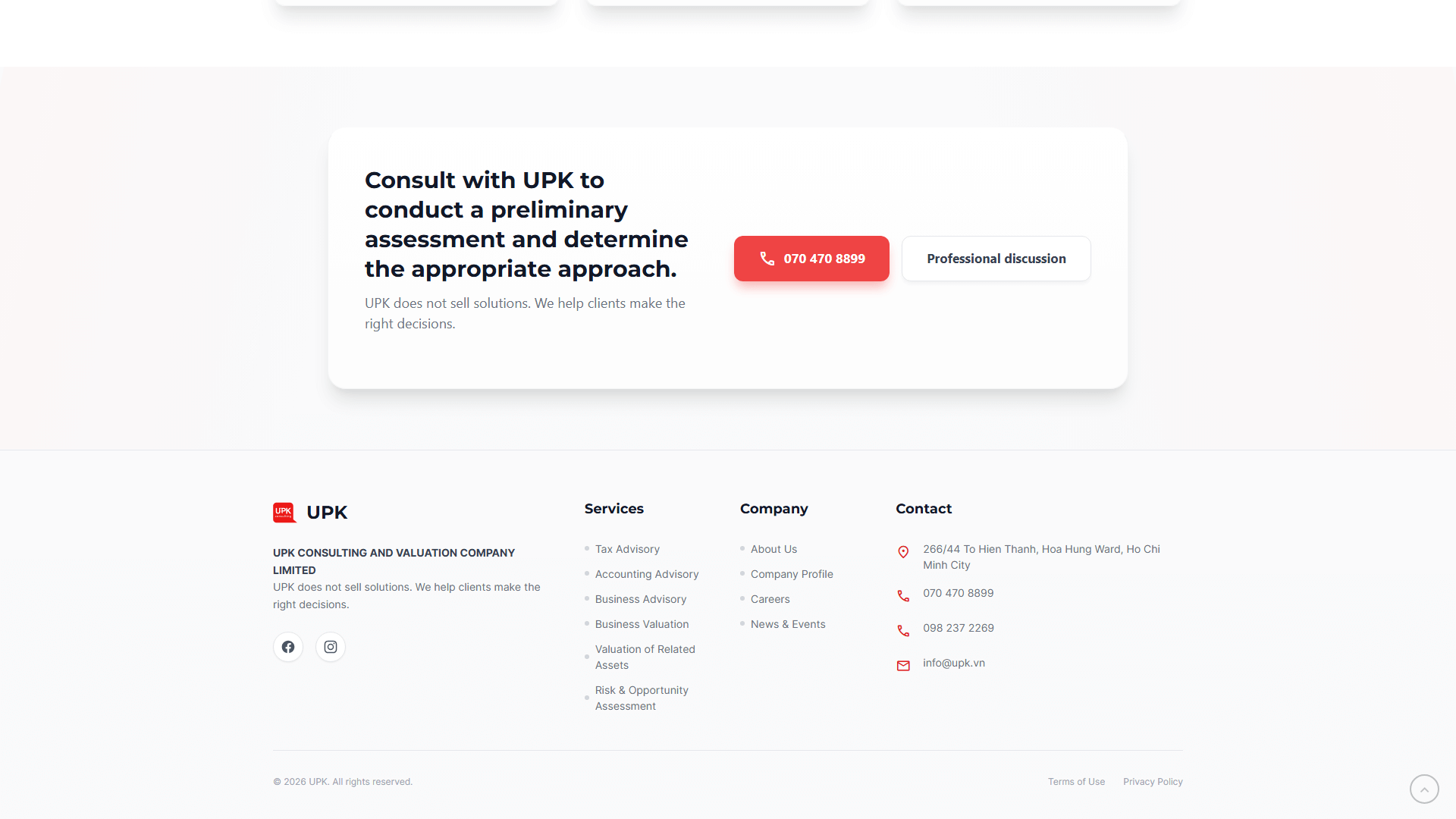 Khối thông tin liên hệ và triết lý doanh nghiệp UPK