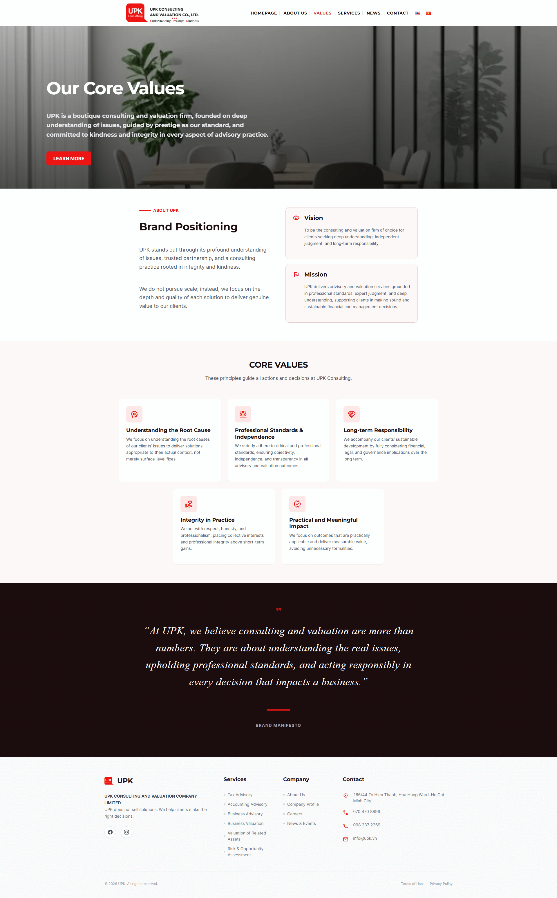 Giao diện hiển thị Giá Trị Lõi UPK