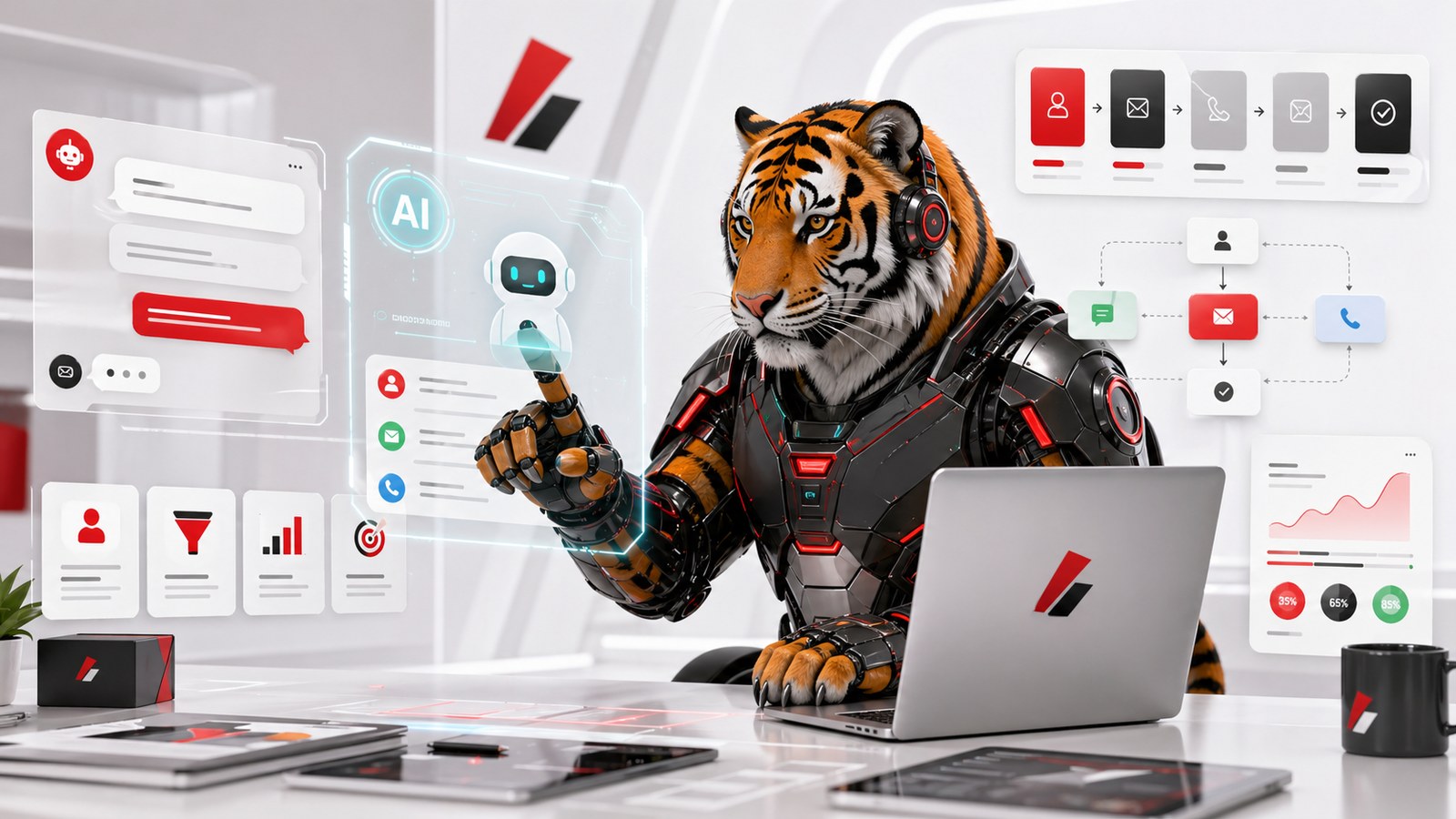 AI agent trên website tự động hỗ trợ bán hàng chăm sóc khách hàng và thu lead cùng mascot cọp máy Designandlife