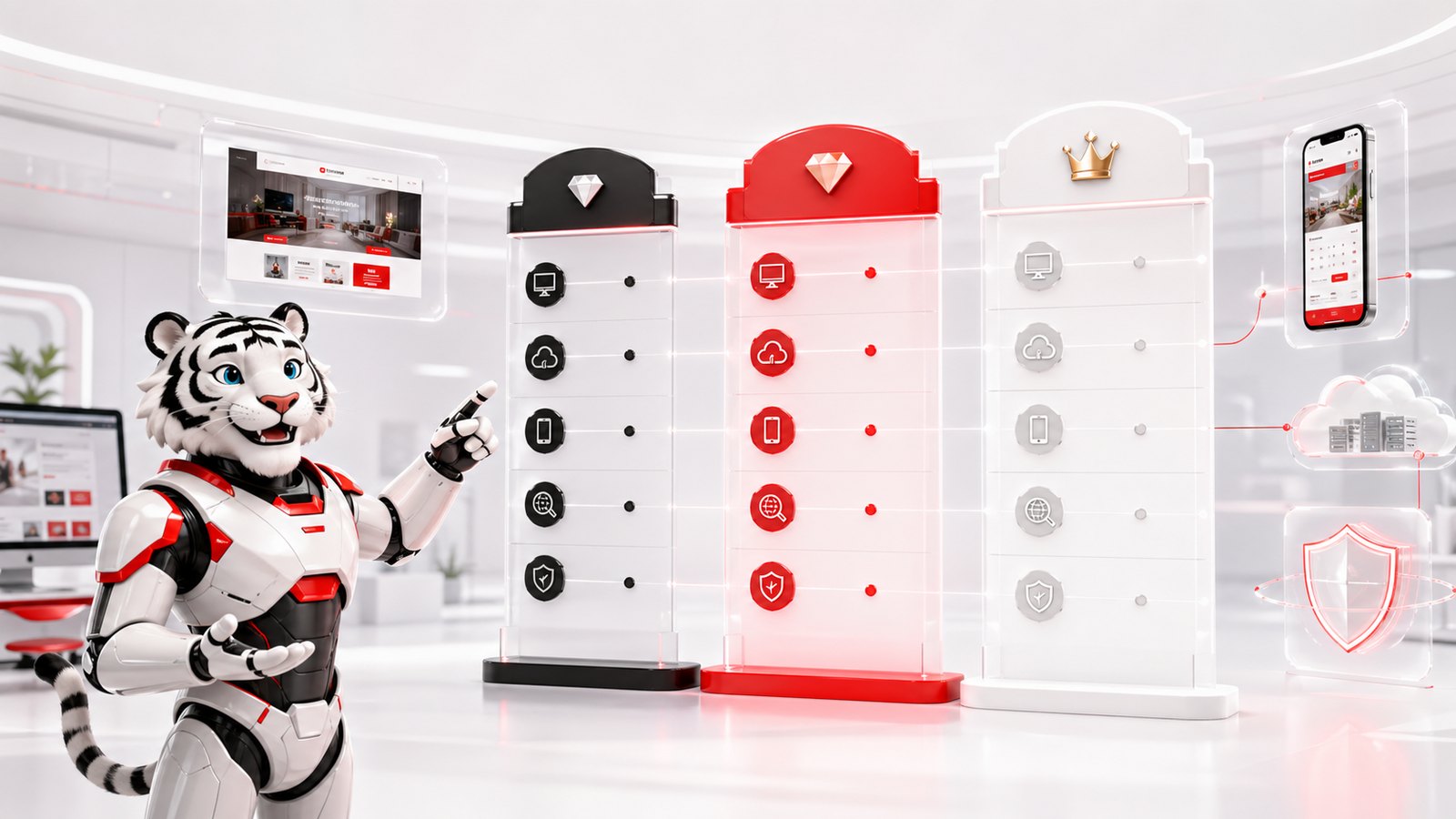 Mascot cọp máy Designandlife trình bày benefit matrix 3 gói dịch vụ