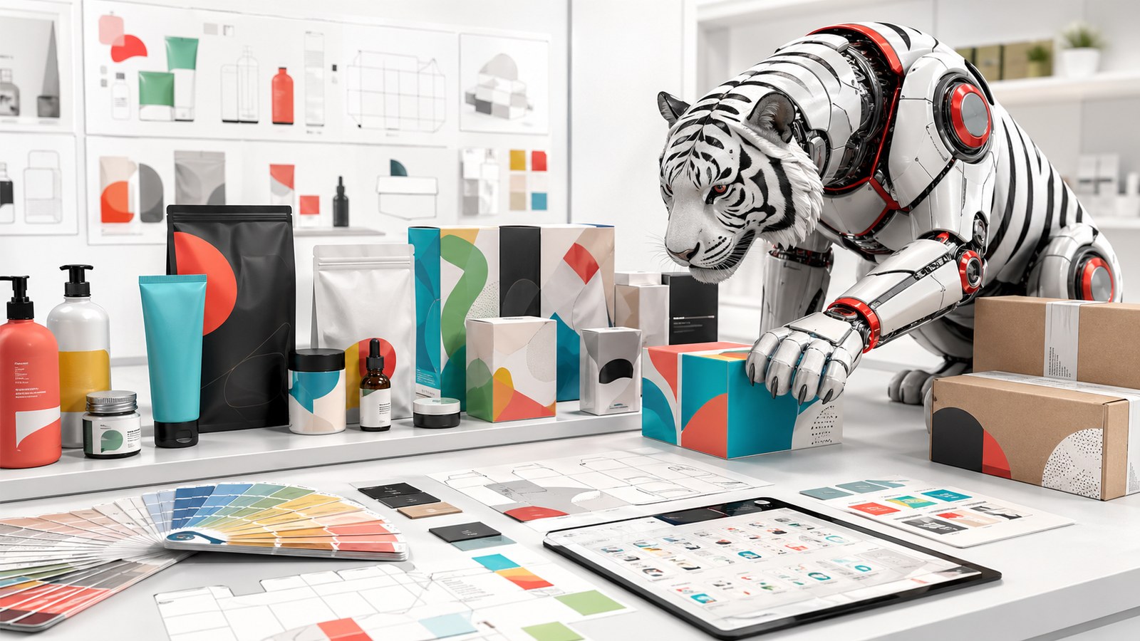 Hệ thống bao bì sản phẩm nhiều SKU đồng bộ nhận diện cùng mascot cọp máy Designandlife