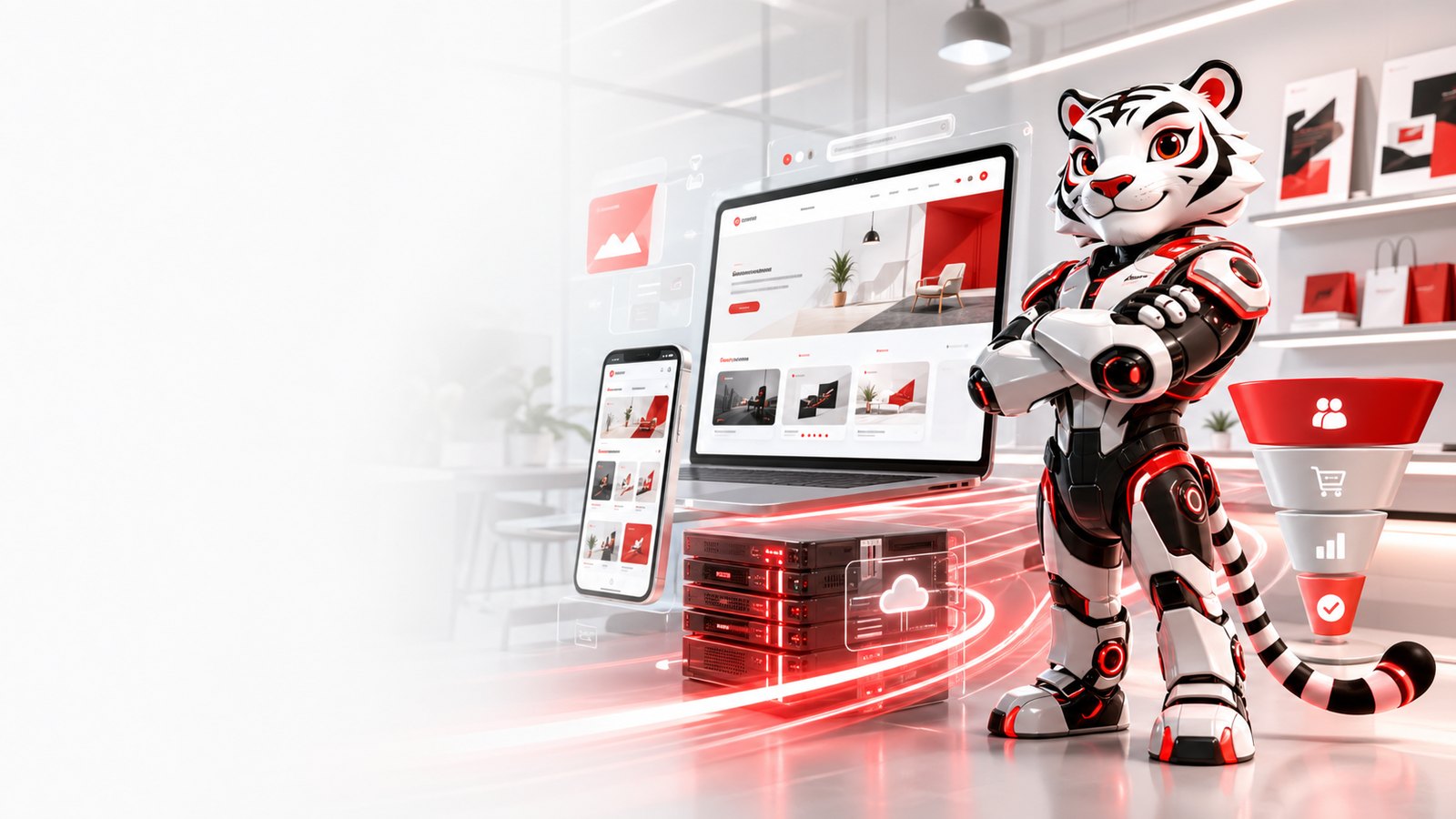 Mascot cọp máy Designandlife bên cạnh website mockup và hosting