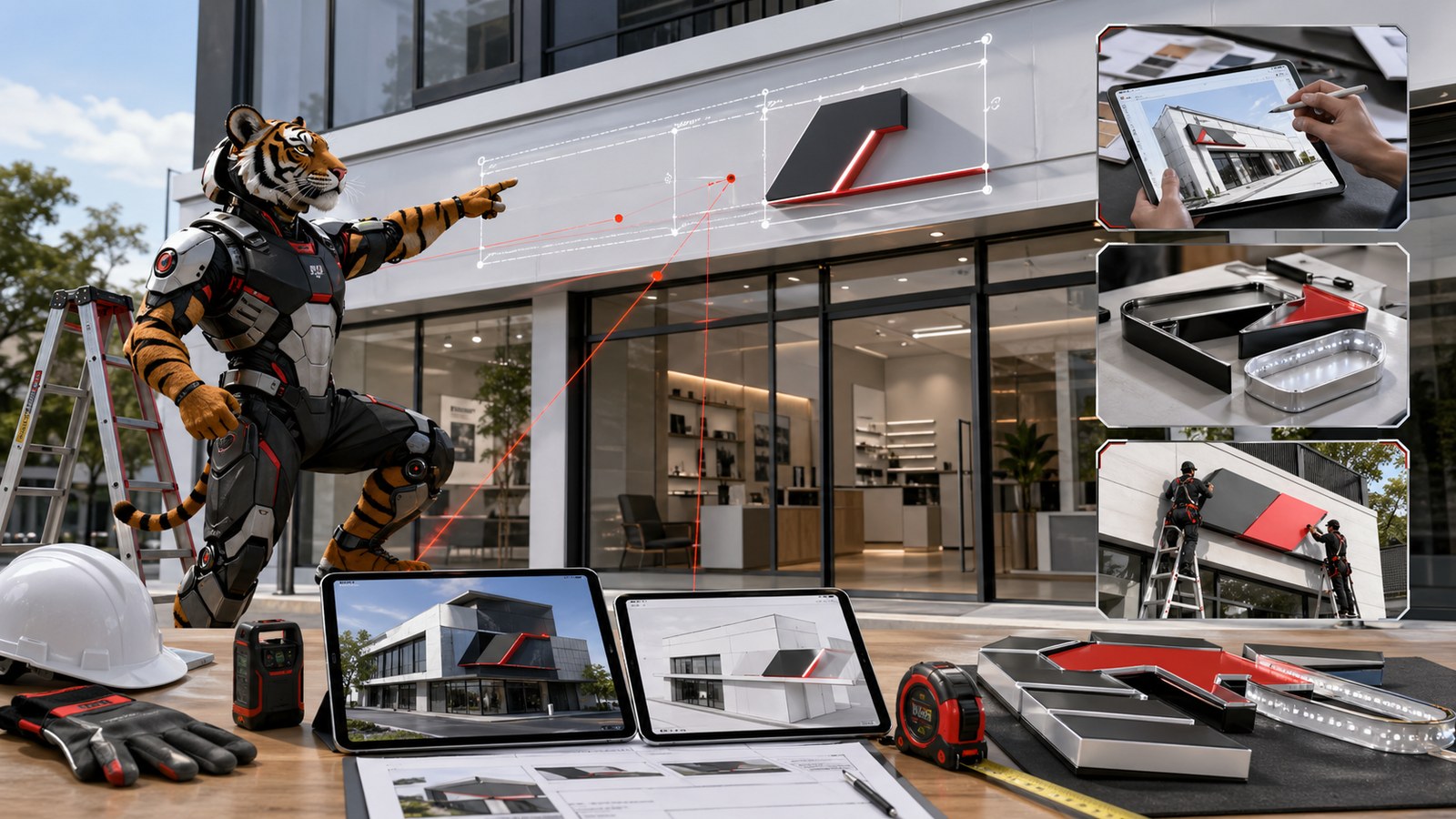 Quy trình khảo sát thiết kế và thi công signage bảng hiệu quảng cáo cùng mascot cọp máy Designandlife