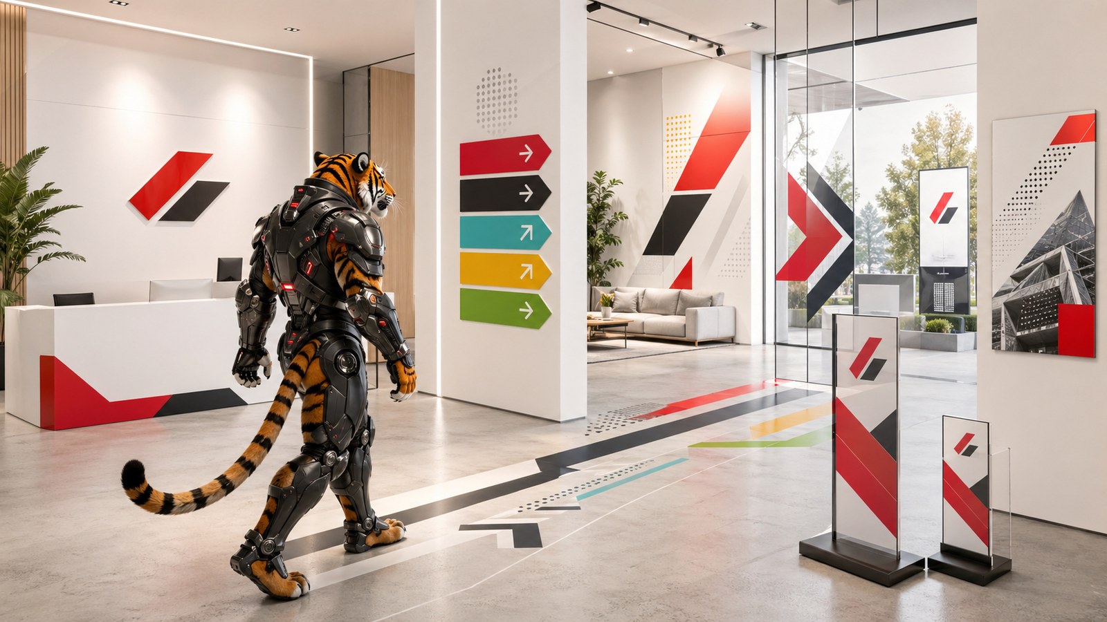 Hệ thống signage nhận diện thương hiệu trong showroom văn phòng cùng mascot cọp máy Designandlife