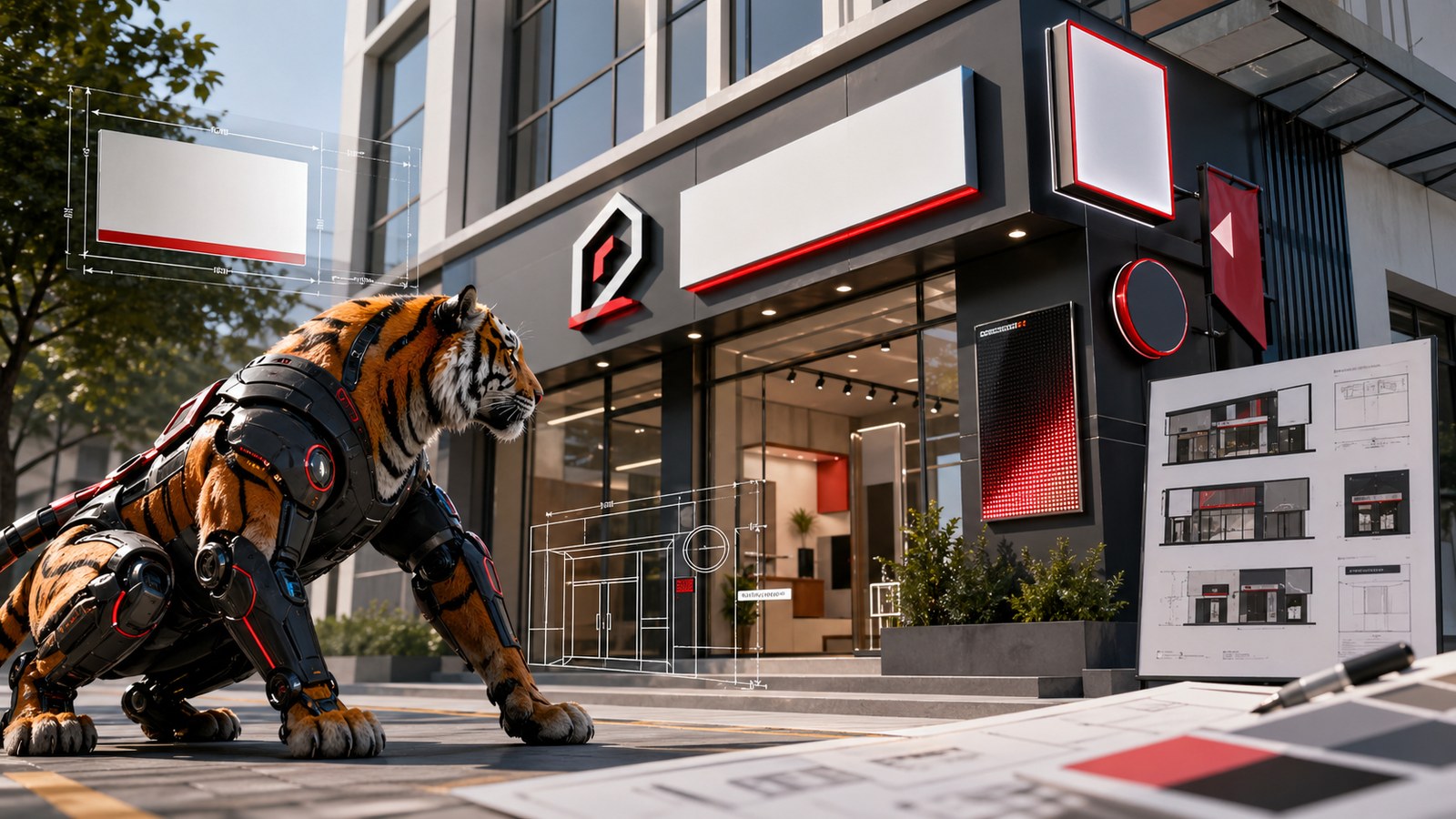 Thi công bảng hiệu quảng cáo signage hộp đèn chữ nổi hiện đại với mascot cọp máy Designandlife