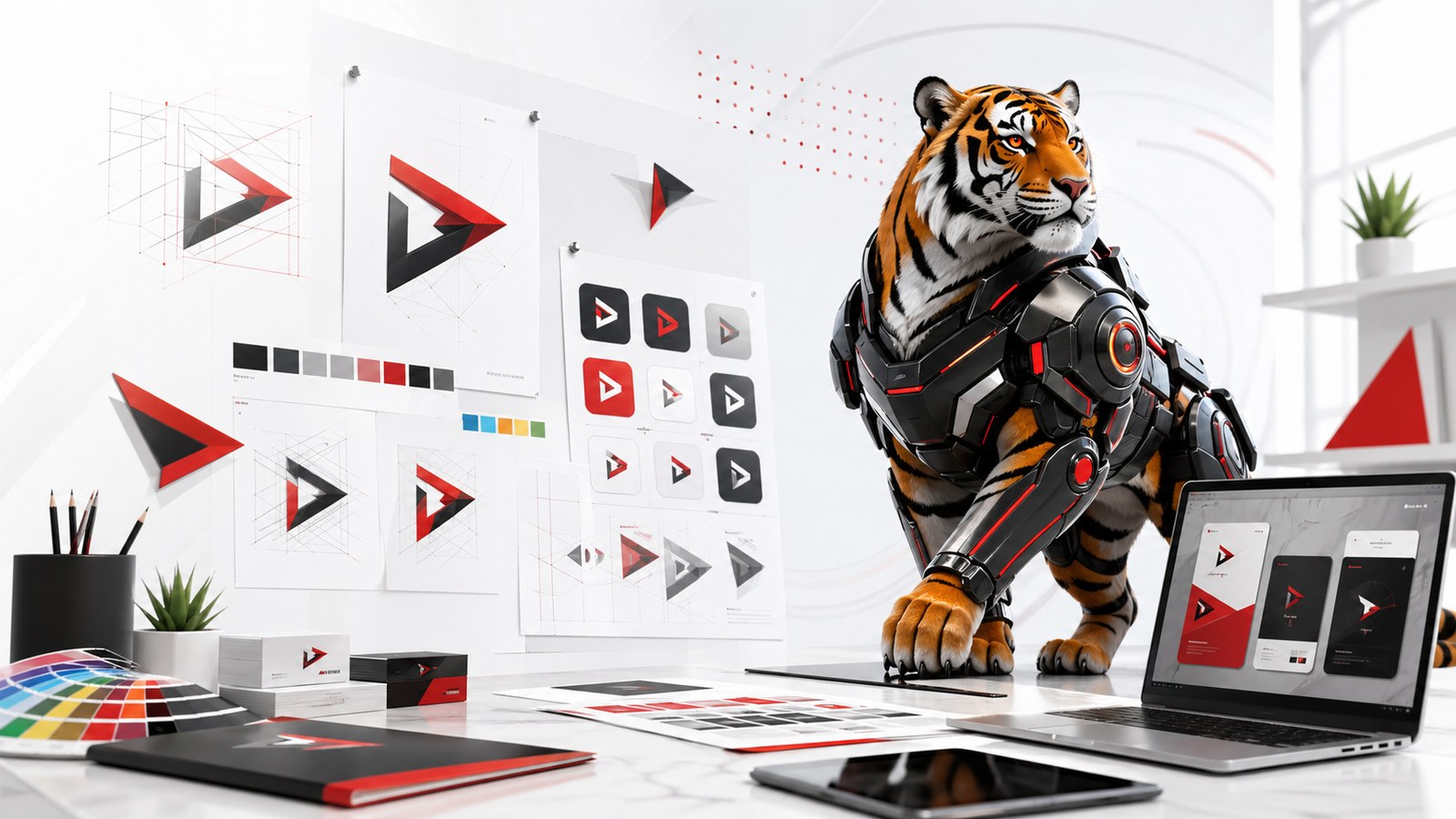 Bản thiết kế logo thương hiệu hiện đại với mascot cọp máy Designandlife và hệ nhận diện ứng dụng thực tế