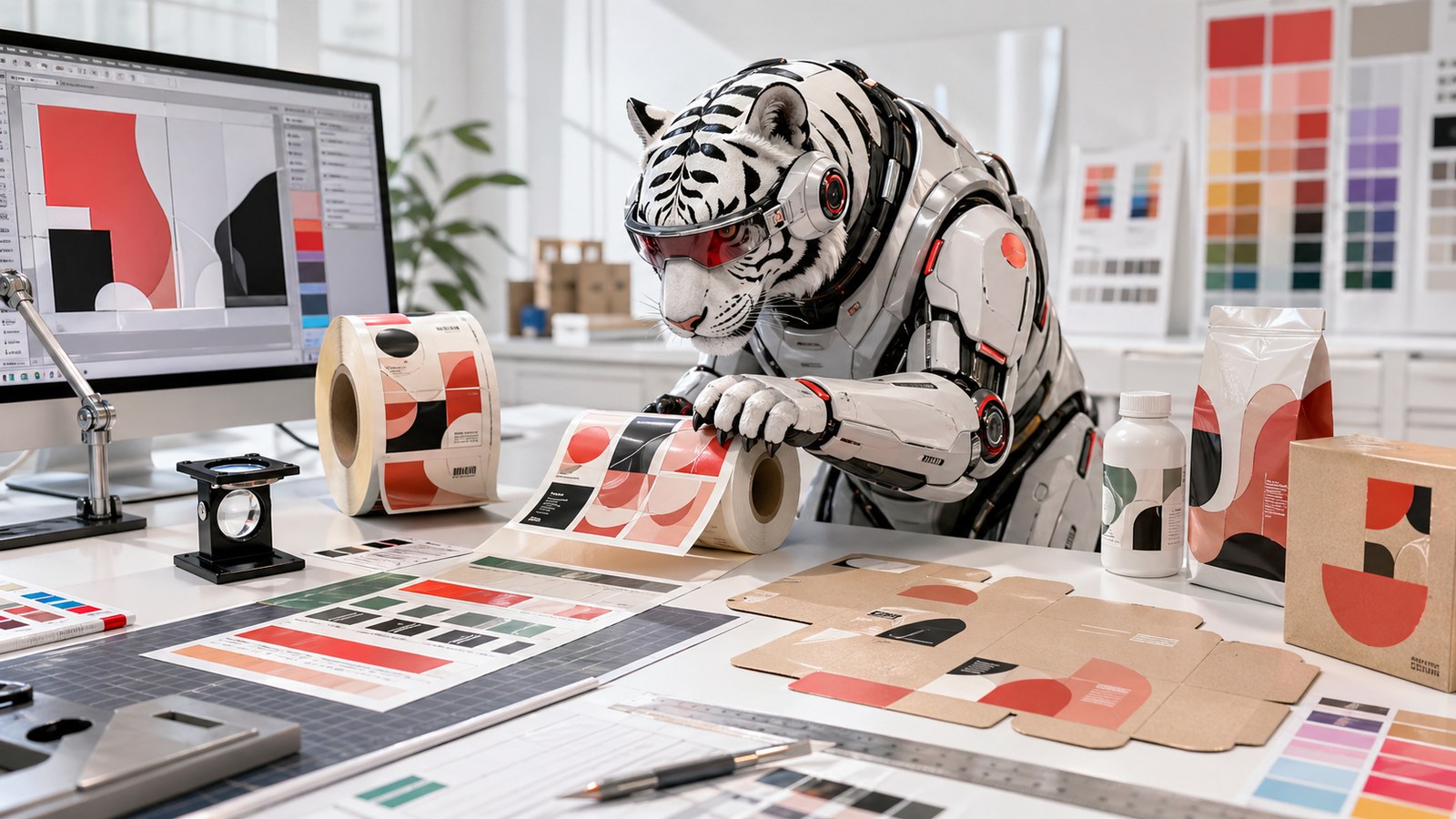 Thiết kế tem nhãn bao bì và artwork in ấn với mascot cọp máy kiểm tra màu sắc vật liệu