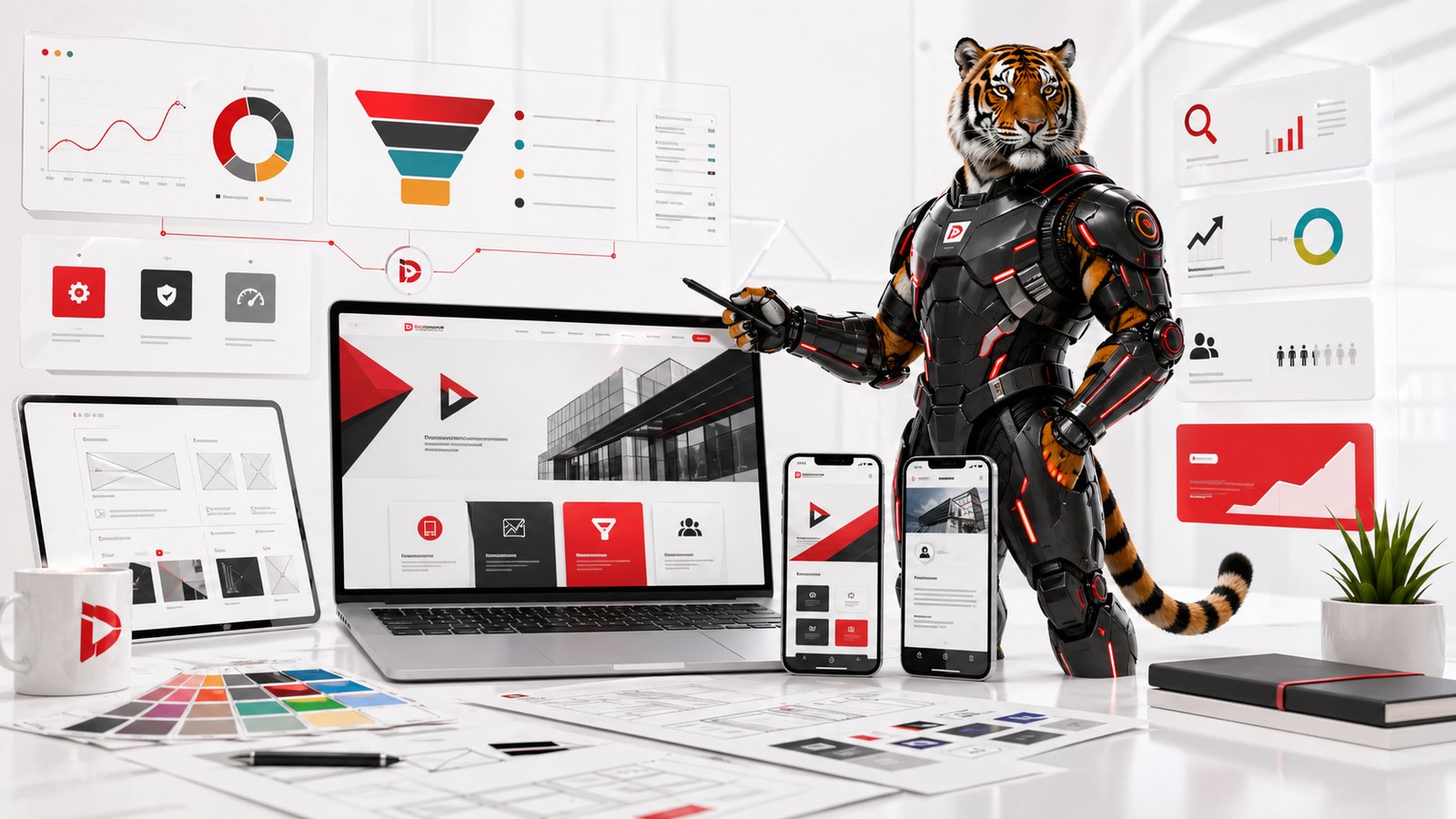 Thiết kế website doanh nghiệp hiện đại với dashboard UX UI SEO và mascot cọp máy Designandlife