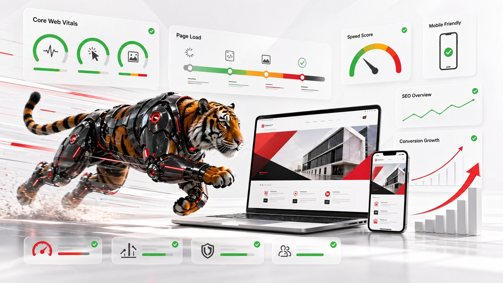 Tối ưu tốc độ website Core Web Vitals và chuyển đổi với mascot cọp máy Designandlife