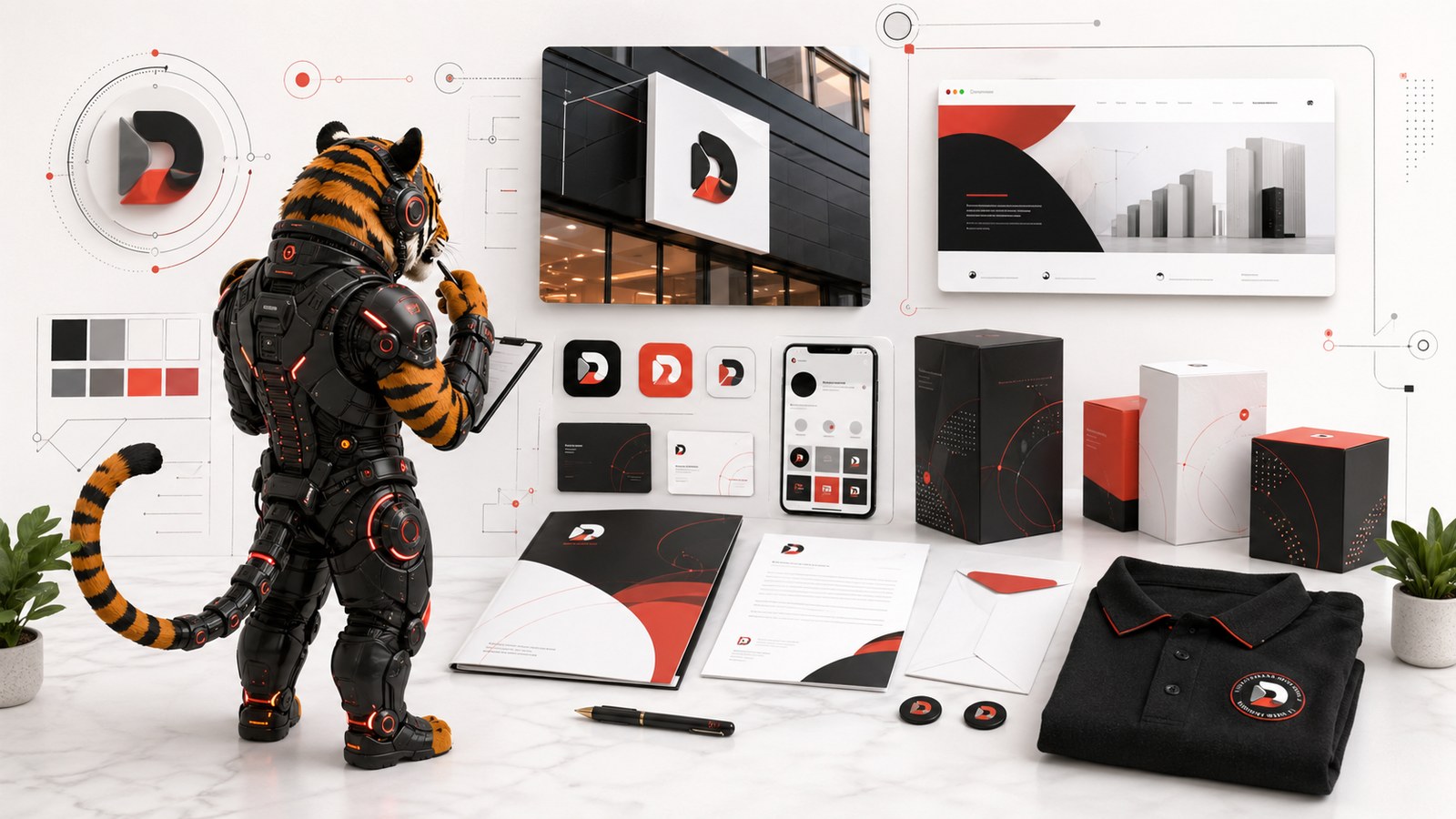 Ứng dụng logo thương hiệu trên website bao bì bảng hiệu tài liệu bán hàng và social với mascot cọp máy Designandlife