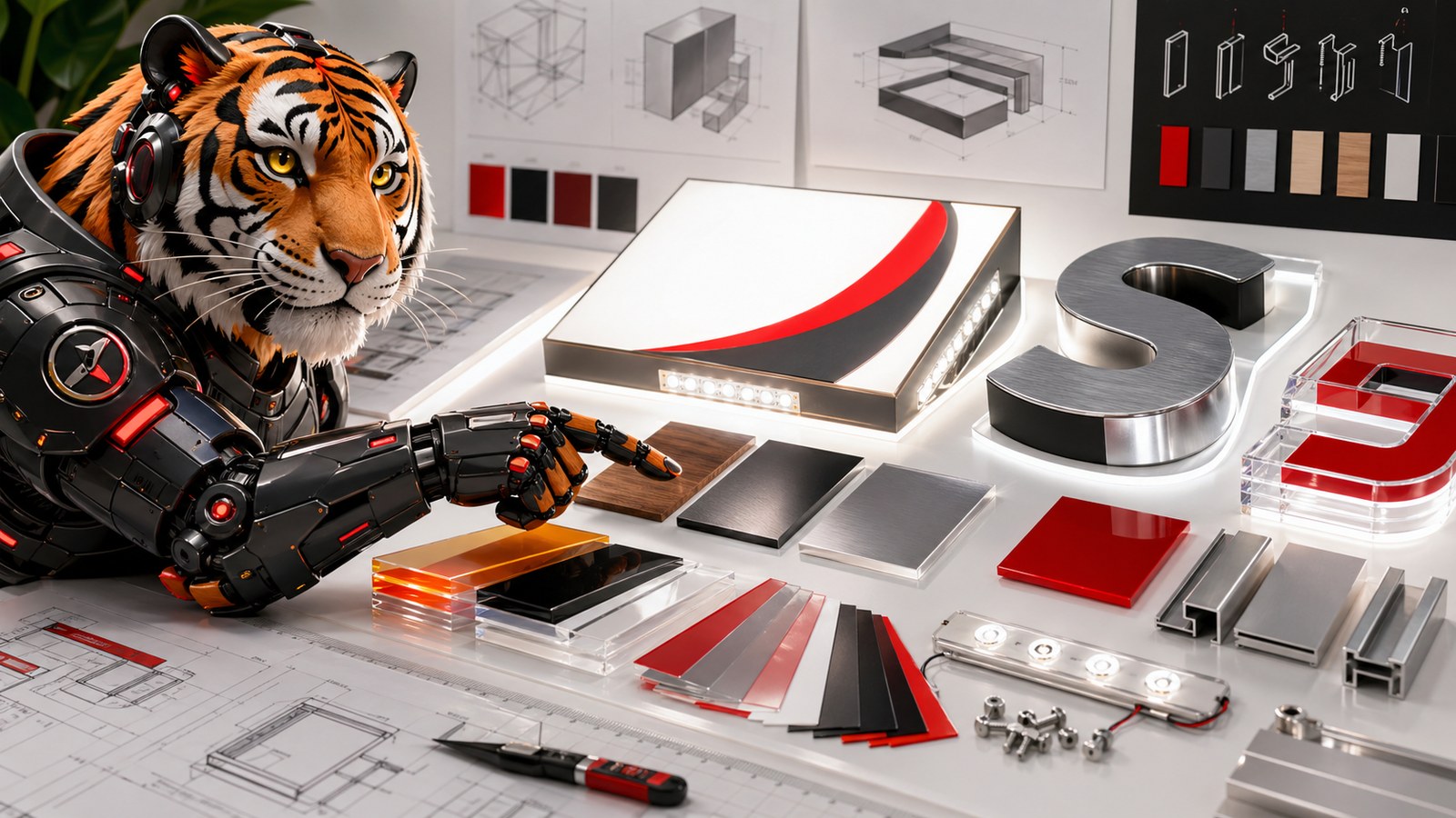 Vật liệu thi công bảng hiệu quảng cáo gồm mica hộp đèn chữ nổi kim loại và LED cùng mascot cọp máy Designandlife