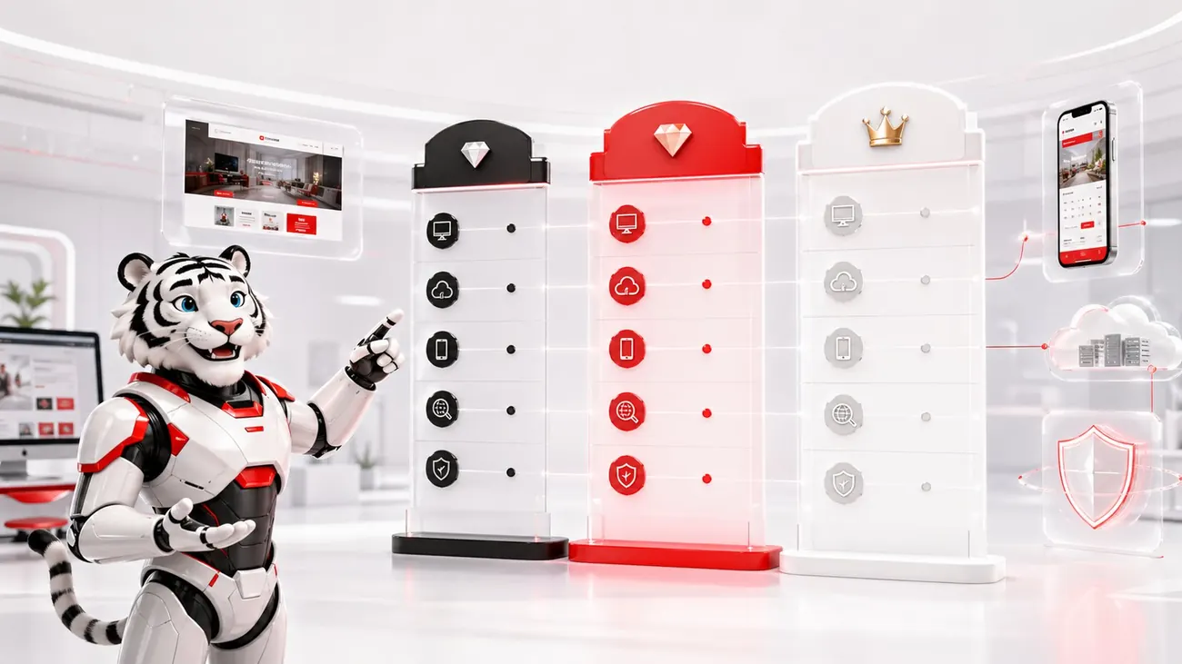 Mascot cọp máy Designandlife trình bày benefit matrix 3 gói dịch vụ