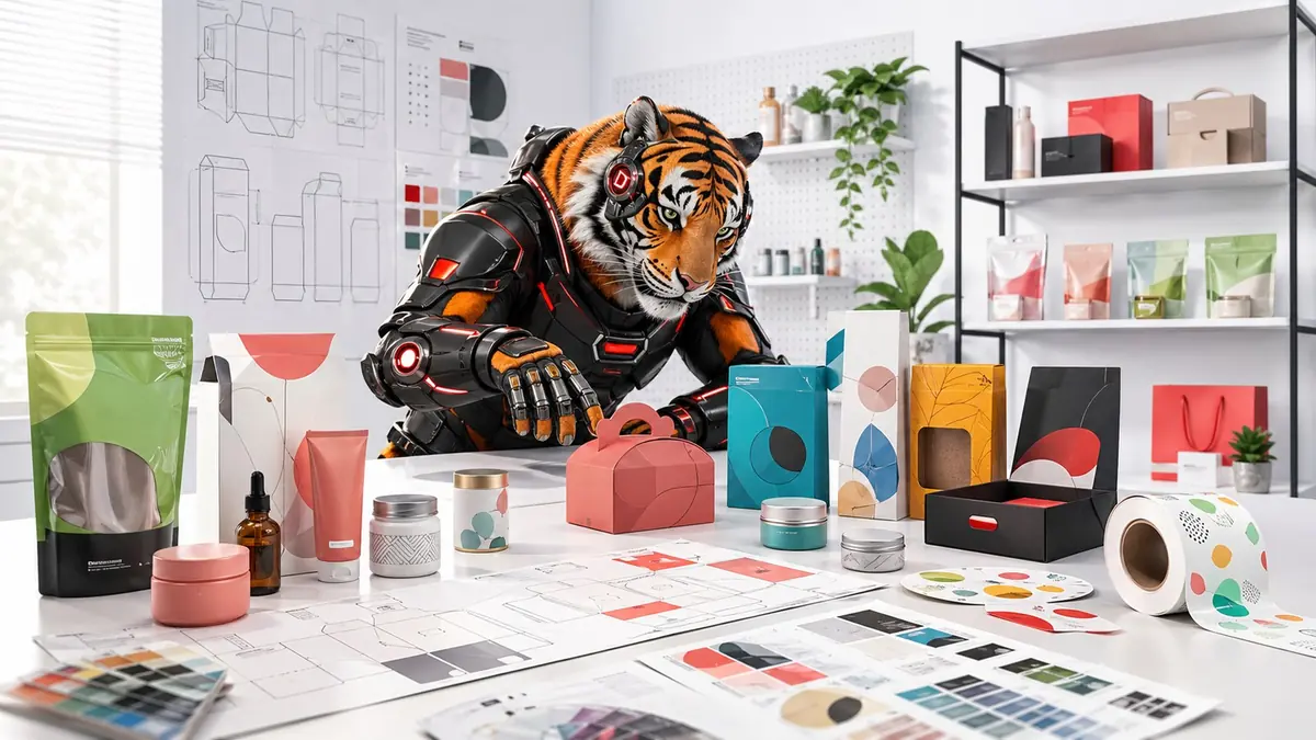 Dịch vụ thiết kế bao bì sản phẩm chuyên nghiệp Designandlife Thiết kế bao bì sản phẩm hiện đại nhiều màu sắc với mascot cọp máy Designandlife trong studio sáng tạo