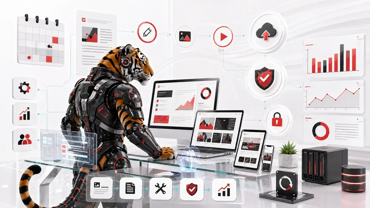 Quản trị nội dung bảo mật backup và vận hành website chuyên nghiệp với mascot cọp máy Designandlife